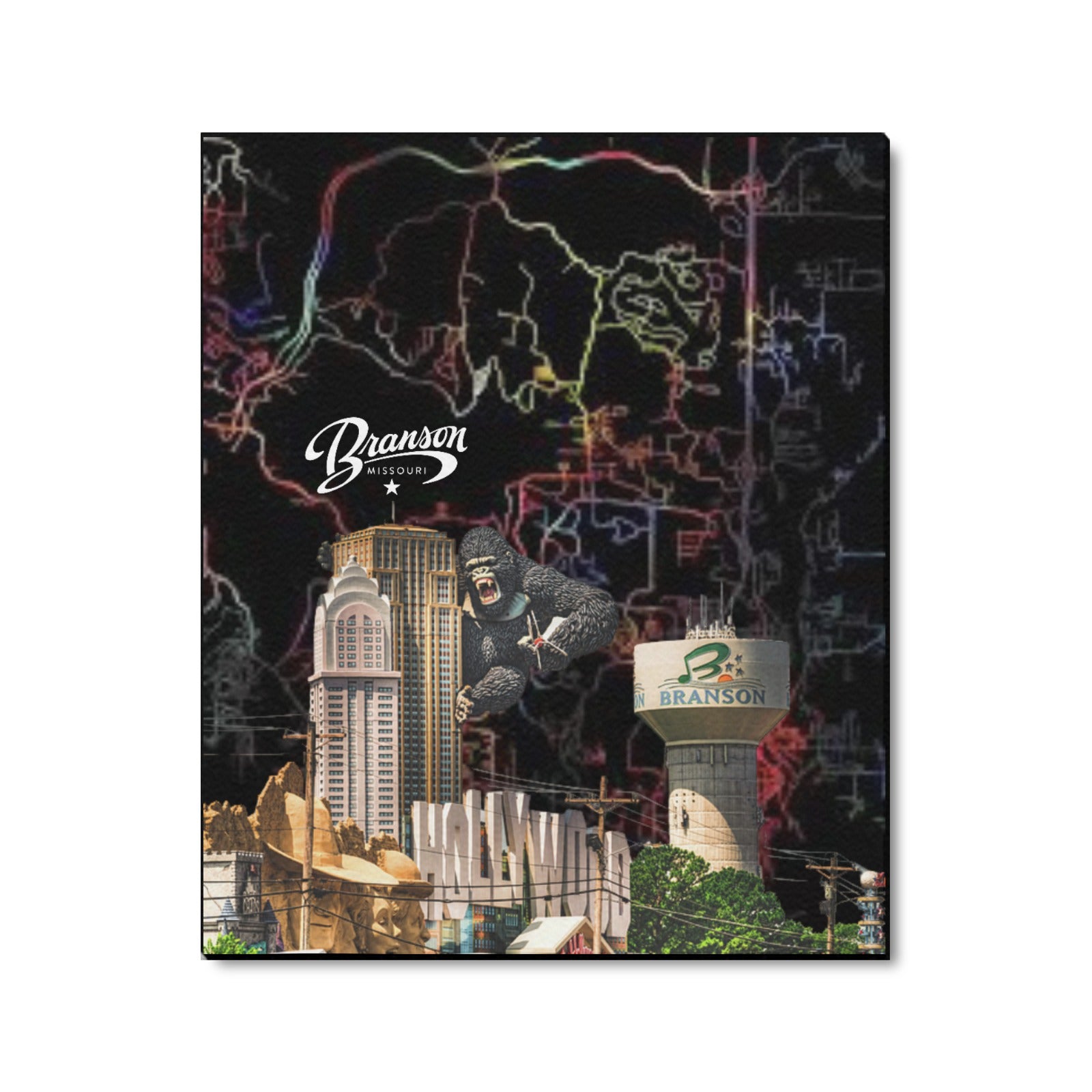 Branson Neon Map Collage Limited Edition Canvas Print - 20"x24" Made in the USA