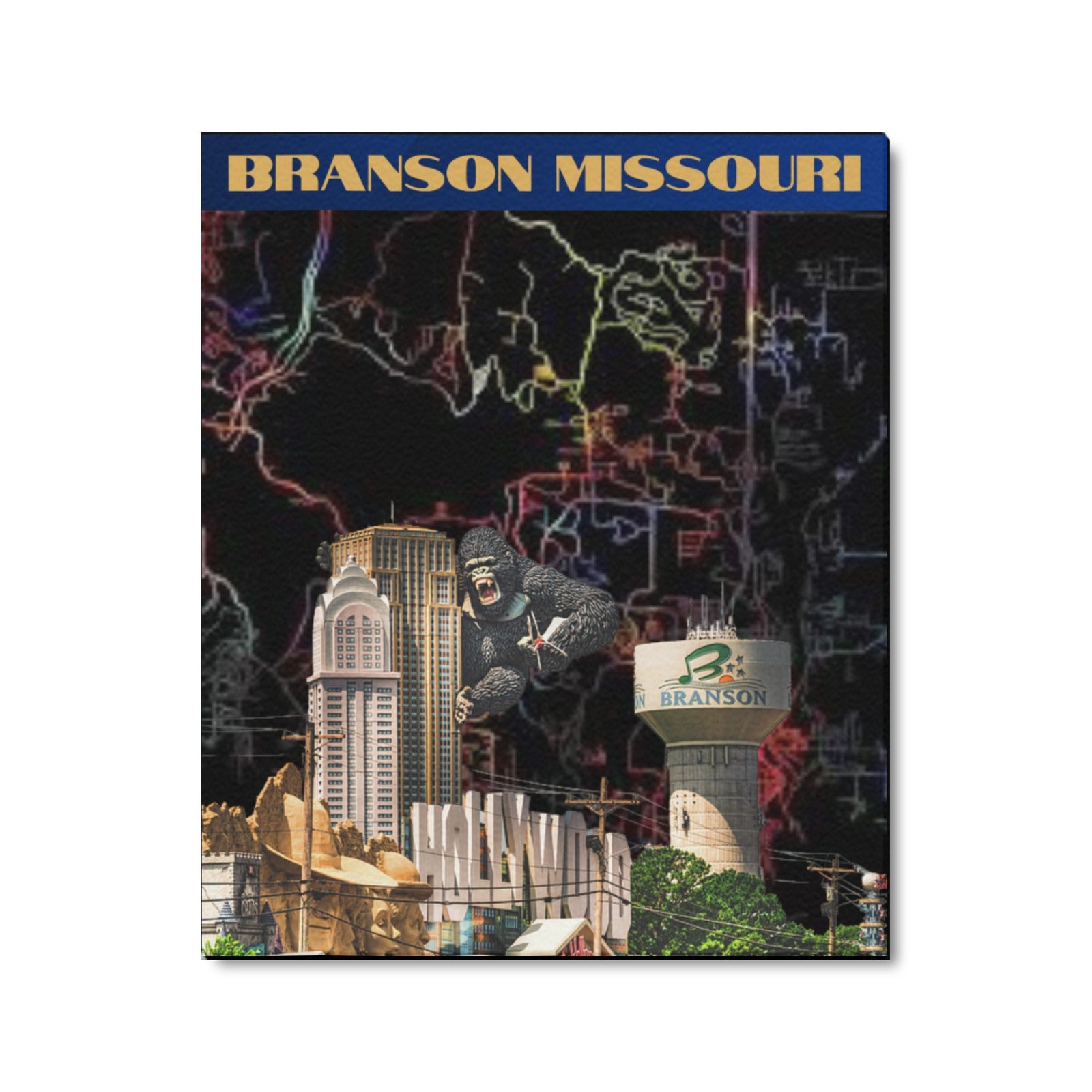 Branson Neon Skyline Map Limited Edition Canvas Print - 20"x24" Made in the USA